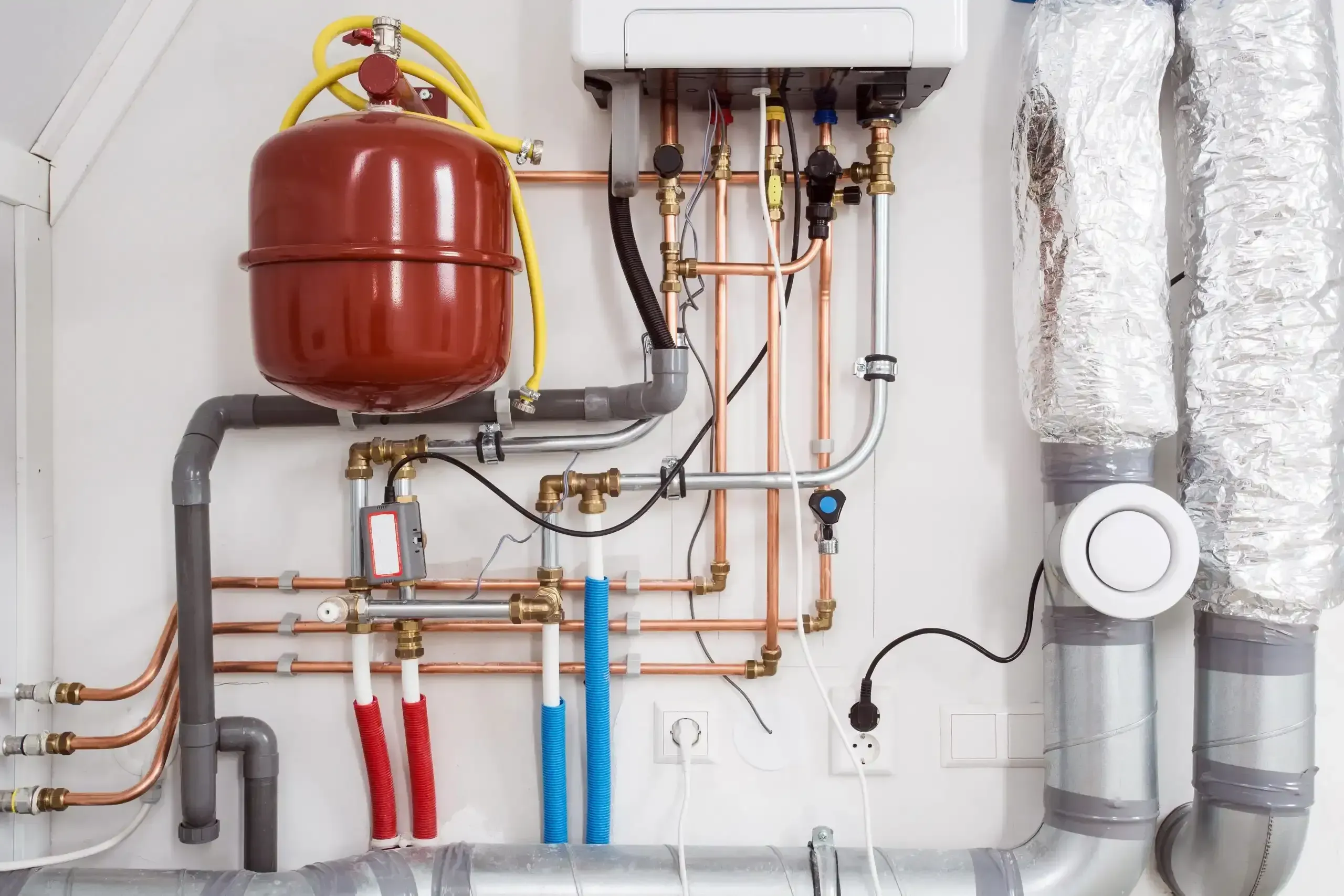 Refrigerant manifold gauges and copper pipework on a heating and cooling system.